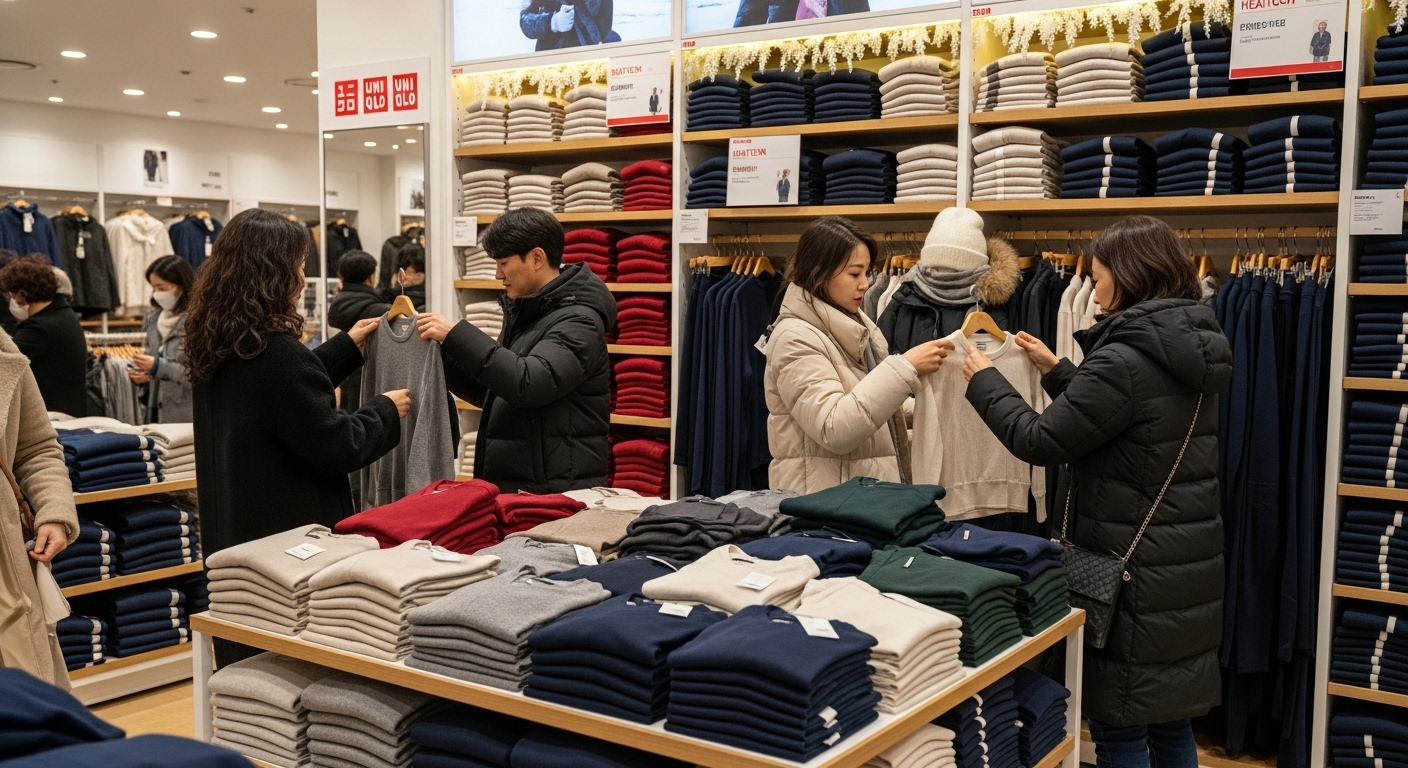 겨울 테마의 매장에서 히트텍 제품을 고르는 고객들