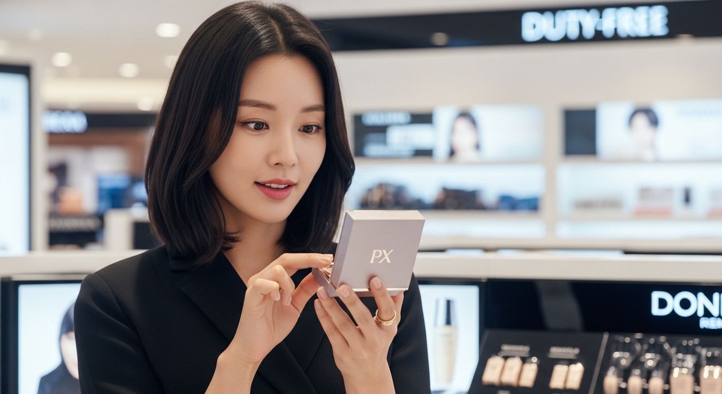 현대적인 여성이 면세점에서 PX 화장품을 들고 살펴보는 장면