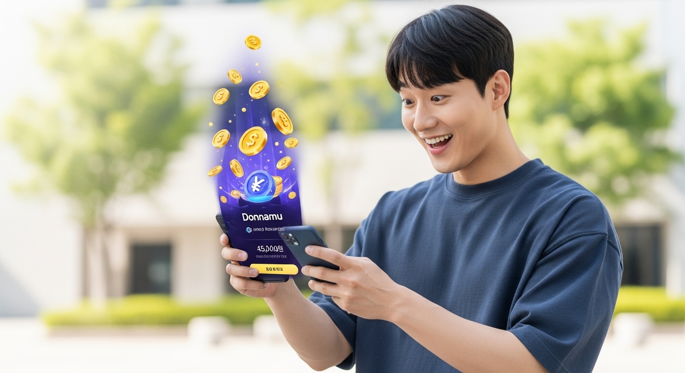 스마트폰으로 케이뱅크 돈나무 앱의 보상을 확인하는 모습