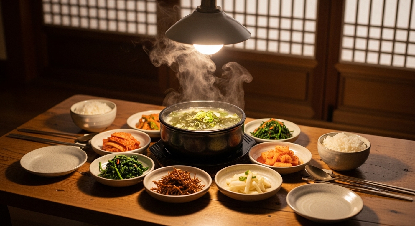 따뜻한 한식 상차림에 놓인 김이 모락모락 나는 미역국과 밑반찬들
