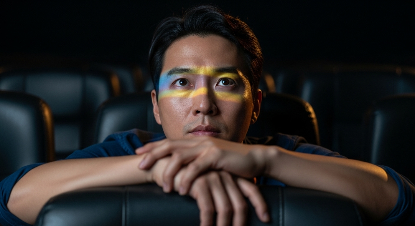 한 남성이 극장에서 영화 '국보'를 집중해서 보고 있는 장면