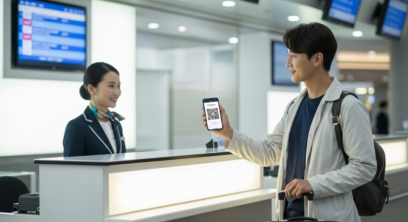 공항 체크인 카운터에서 스마트폰으로 QR코드를 보여주는 여행자