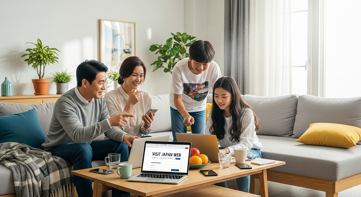 거실에서 함께 앉아 노트북과 스마트폰으로 비짓재팬 등록을 하는 가족
