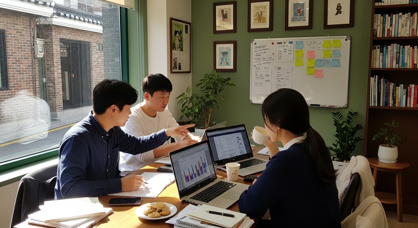 소규모 출판사 직원들이 마케팅 전략을 논의하는 장면