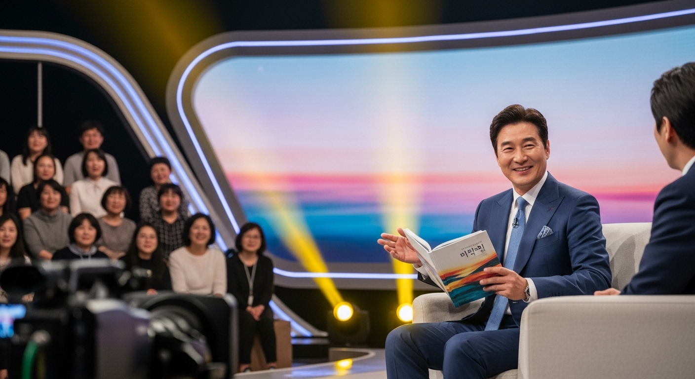 TV 예능 프로그램에서 책 이야기를 나누는 배우의 모습