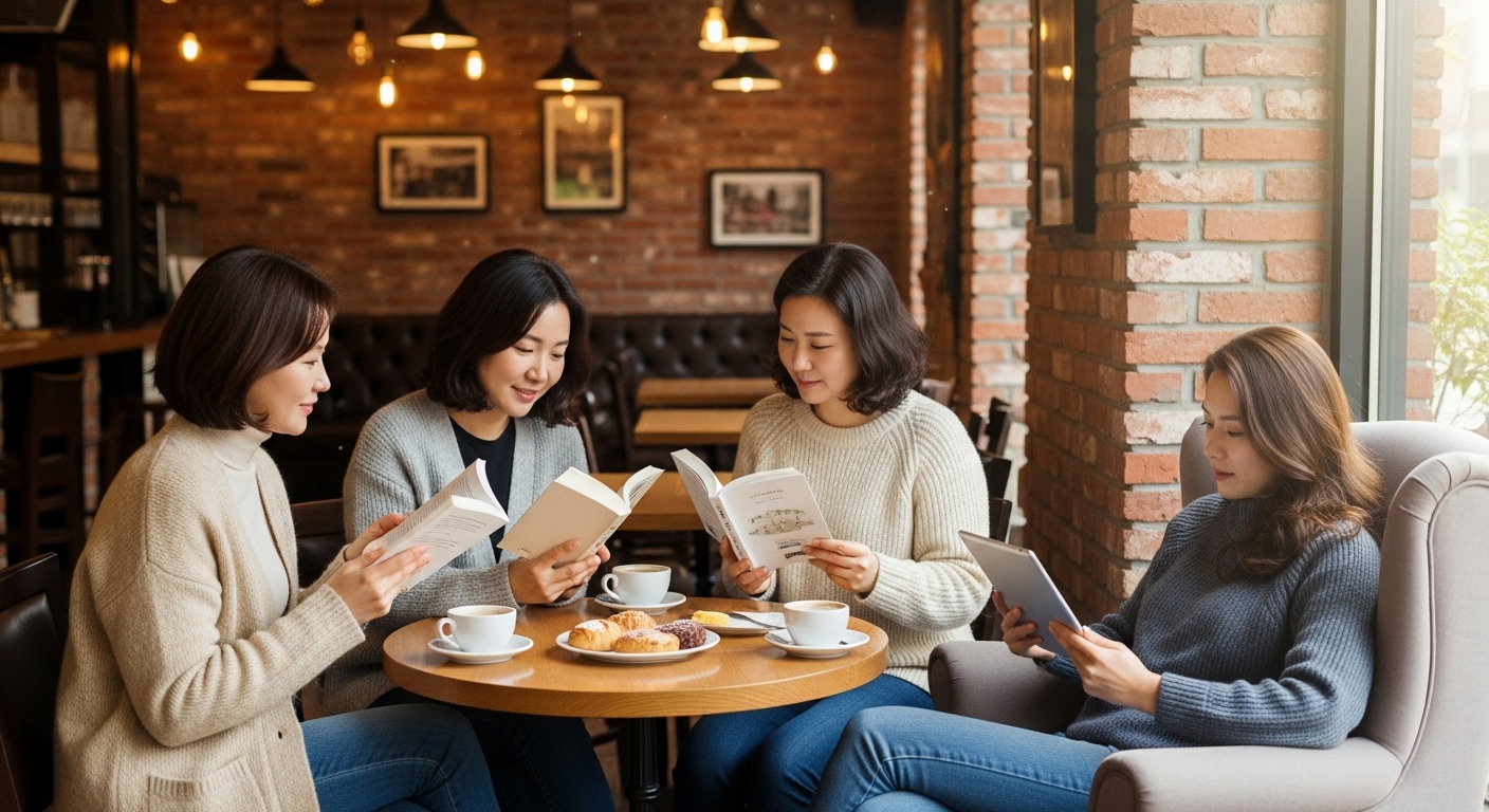 카페에서 책을 읽고 있는 여성들의 그룹
