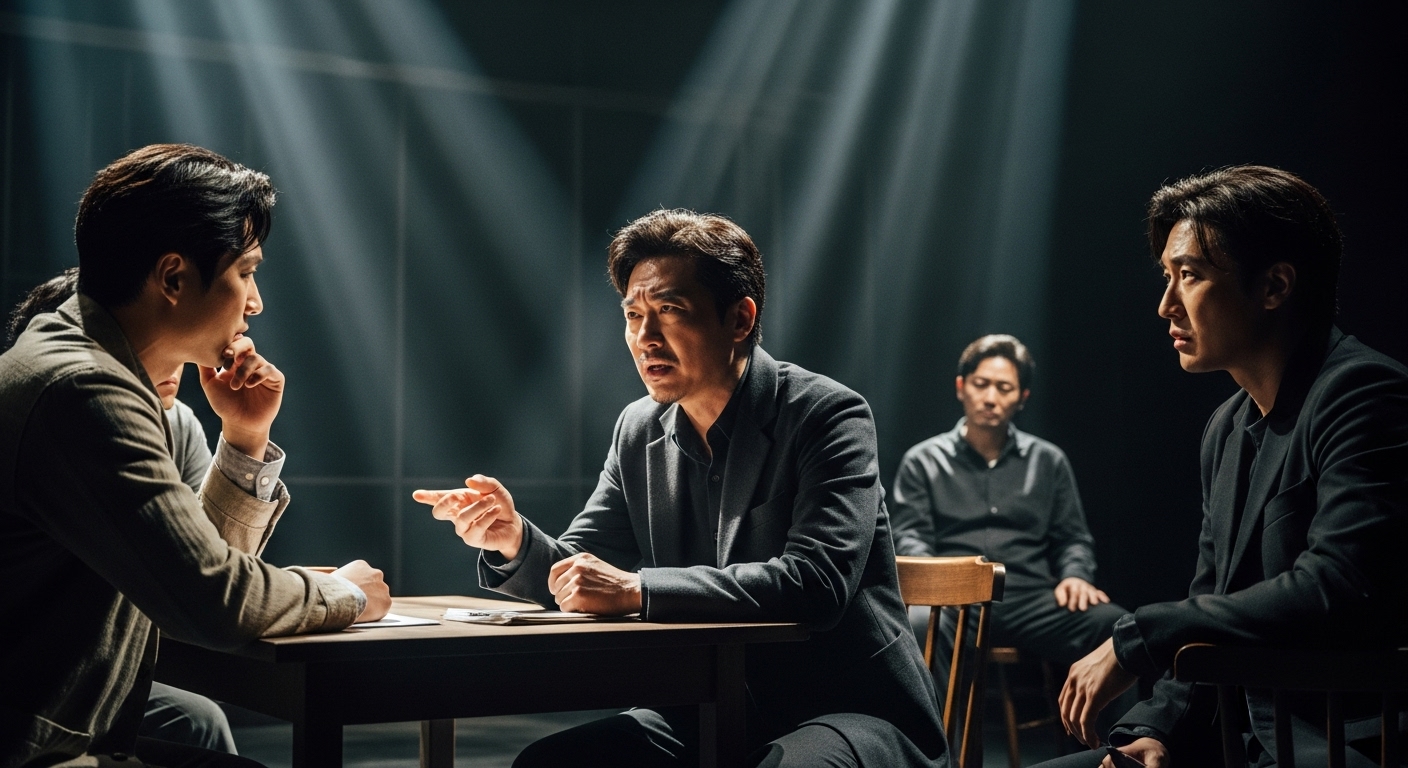 심리적 갈등을 반영하는 배우들의 진지한 표정과 무대 조명