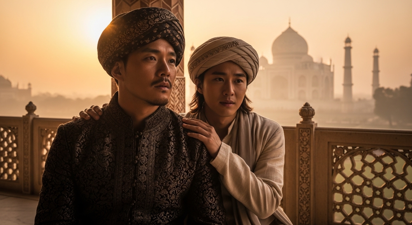 타지마할 앞에서 우정과 갈등을 표현하는 두 배우의 감정적인 장면