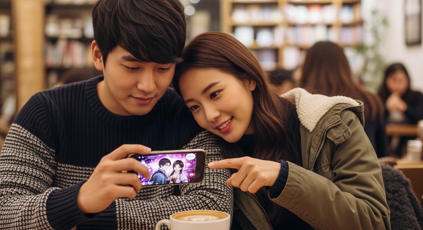 아늑한 카페에서 스마트폰으로 무료 로맨스 판타지 웹툰 에피소드를 탐색하는 젊은 커플