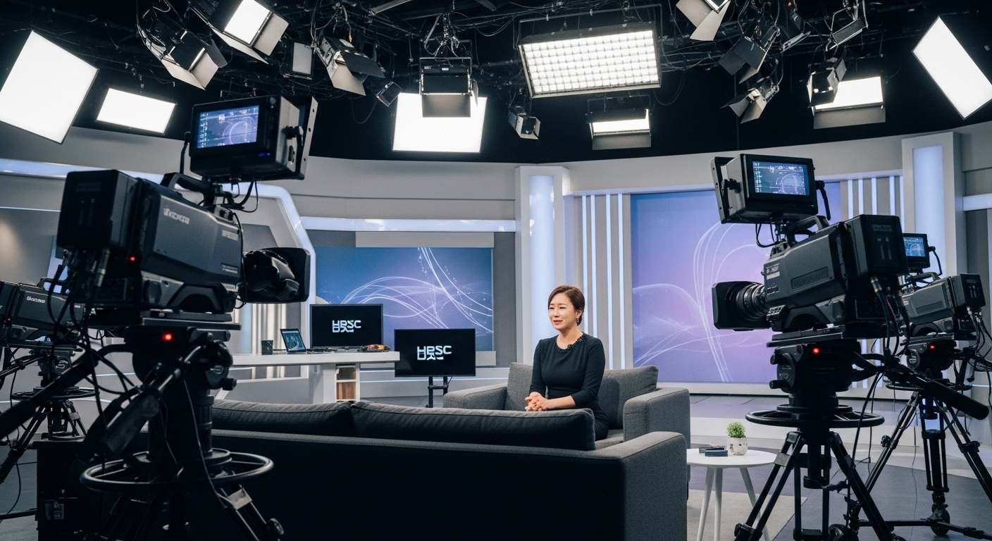 텔레비전 스튜디오에서 감정적으로 이야기하는 한국 여배우