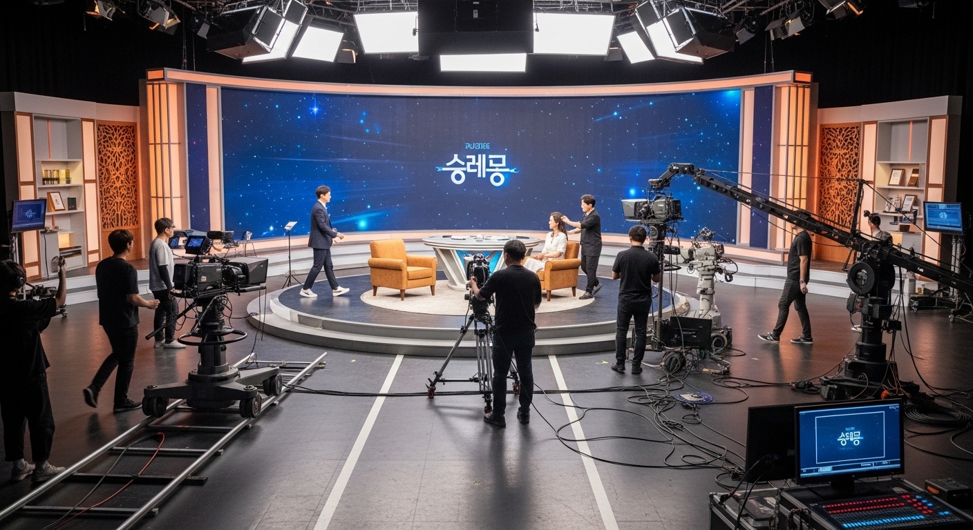 인기 토크쇼 세트장에서 촬영 준비 중인 모습