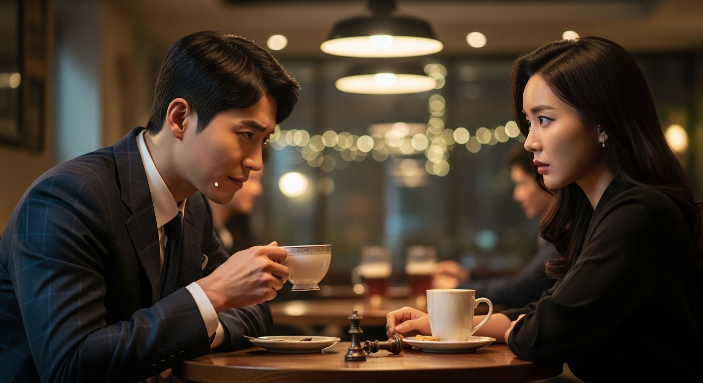 어두운 조명의 카페에서 여자와 마주 앉아 집중해서 바라보는 한국 남성의 전략적인 분위기