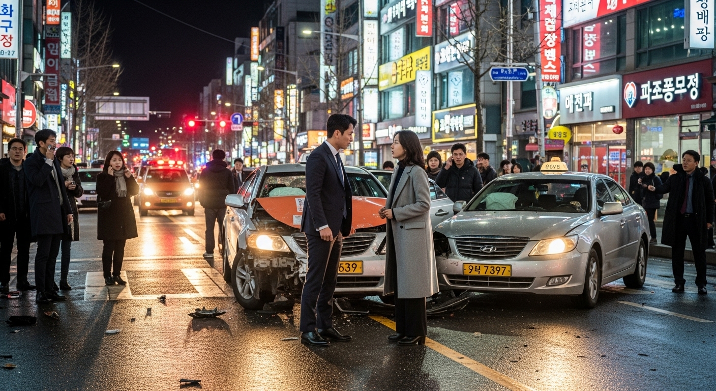 서울 번화가에서 밤에 발생한 교통사고 현장에서 혼란 속에서도 강렬한 눈빛을 주고받는 두 사람