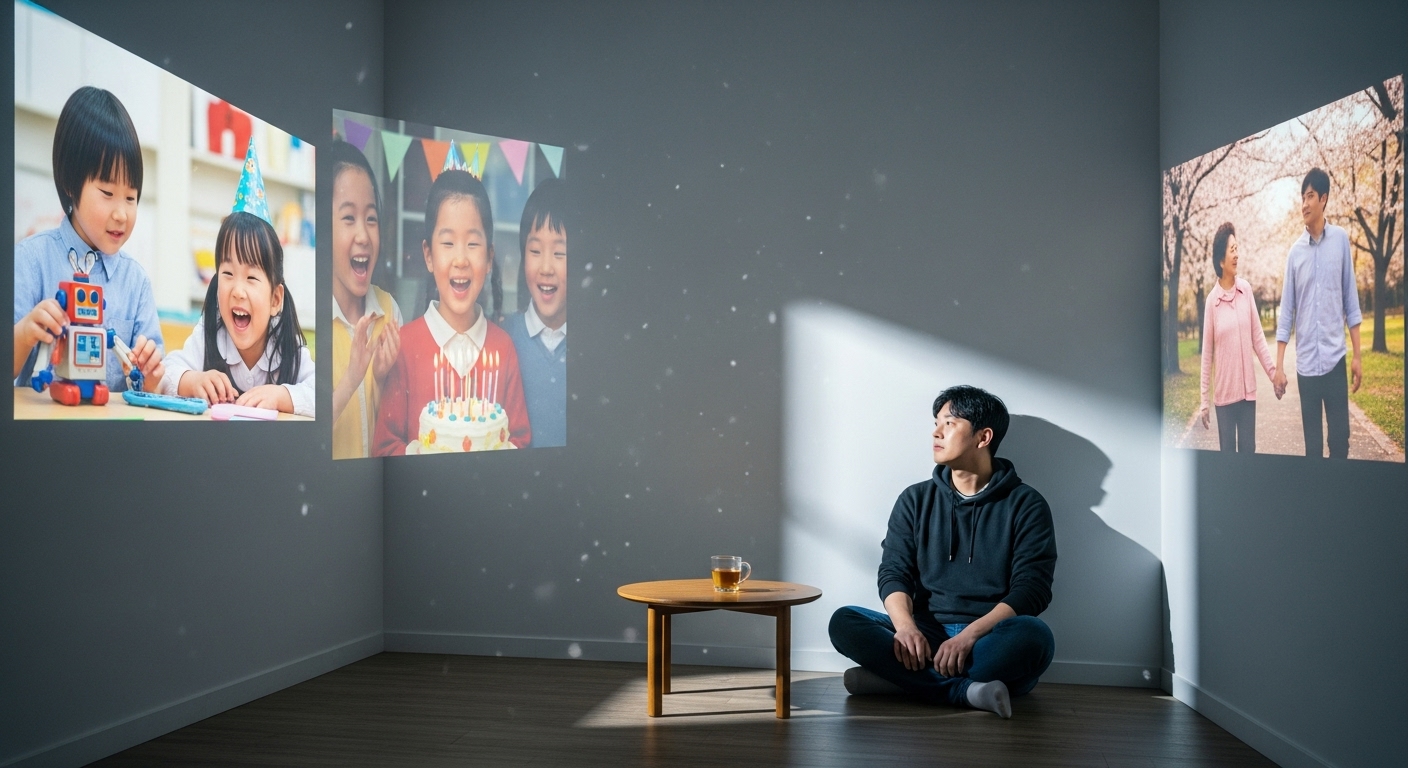 빈 방에 홀로 앉아 어린 시절 기억을 벽에 투영하며 성찰하는 한국 남성
