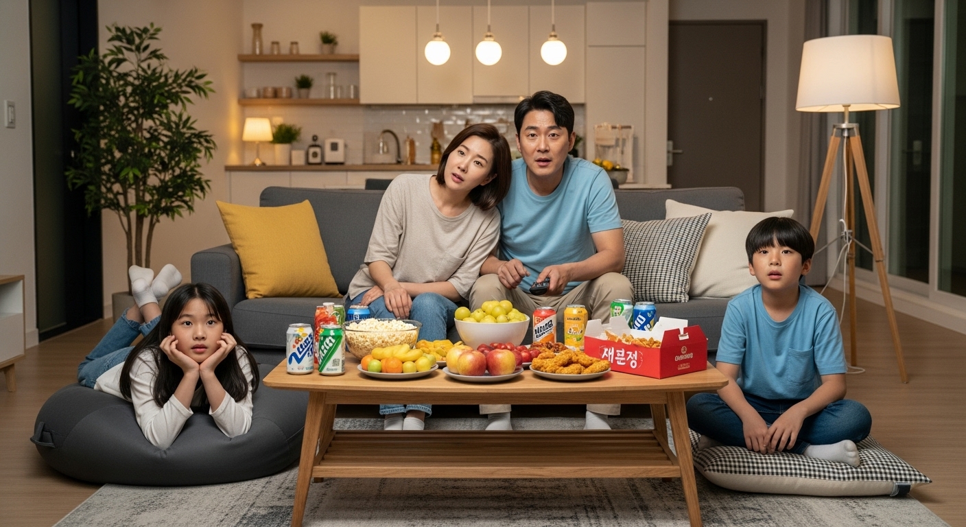 프라임타임 드라마를 시청하며 간식을 즐기는 가족의 집중된 표정