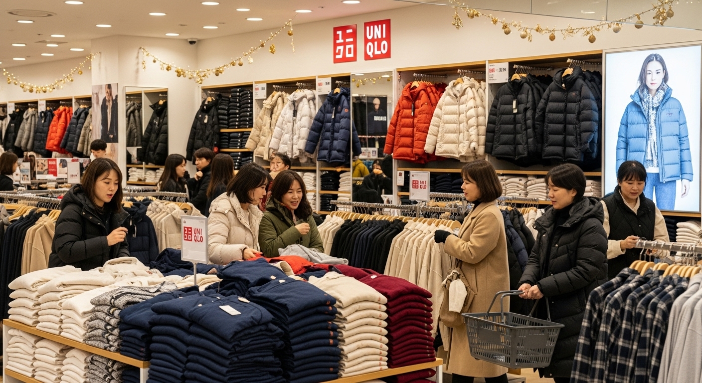 현대적인 쇼핑객들이 겨울 의류가 전시된 유니클로 매장에서 쇼핑하는 모습