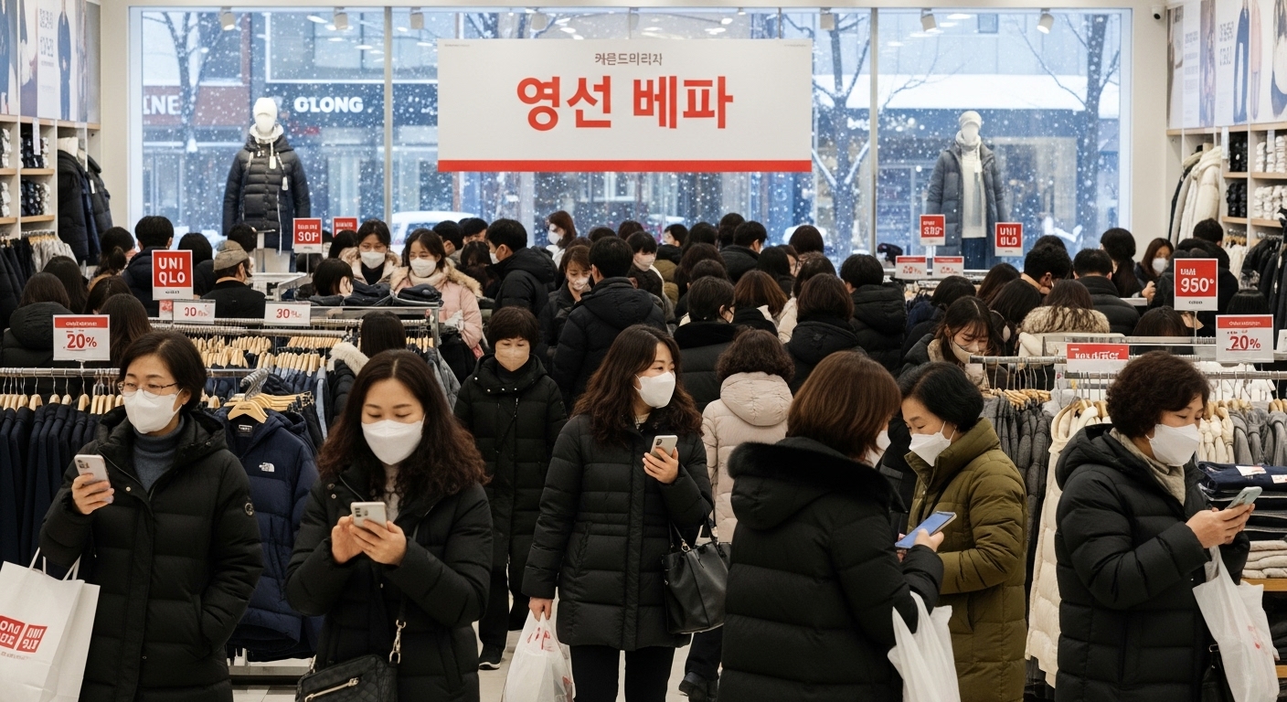 다양한 연령대의 사람들이 온라인과 오프라인에서 유니클로 세일을 즐기는 모습