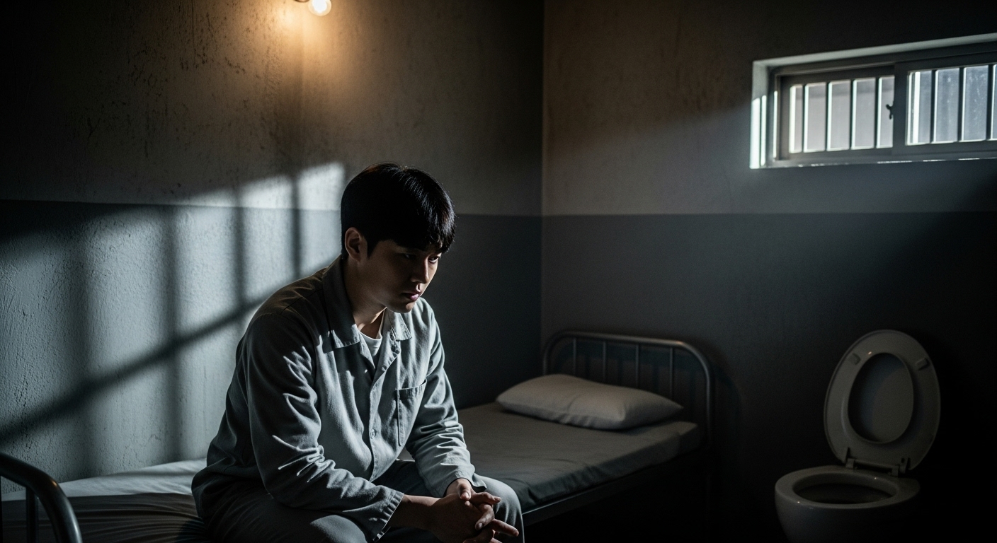 억울하게 교도소에 갇힌 청년의 시작을 그린 긴장감 넘치는 장면
