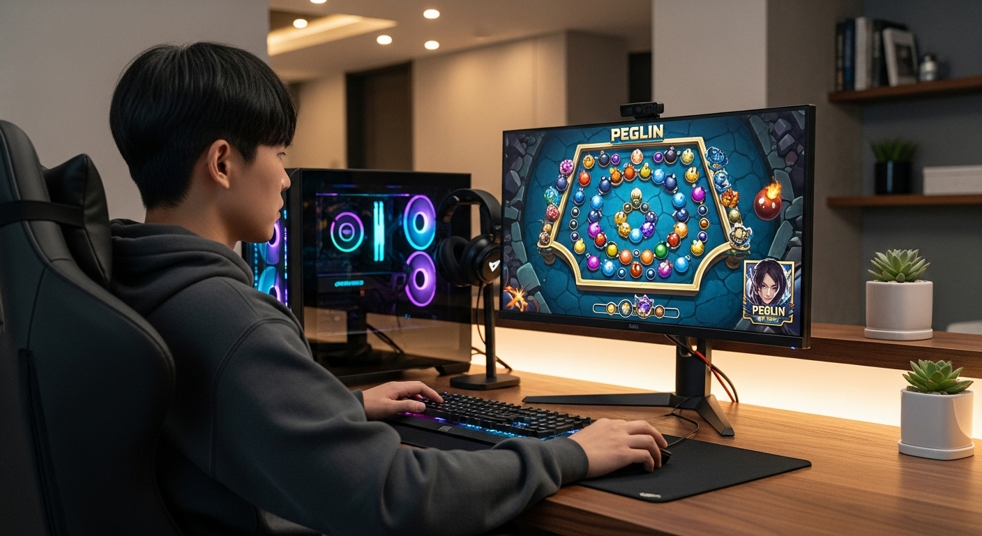 한국 게이머가 최첨단 PC로 Peglin을 플레이하는 모습