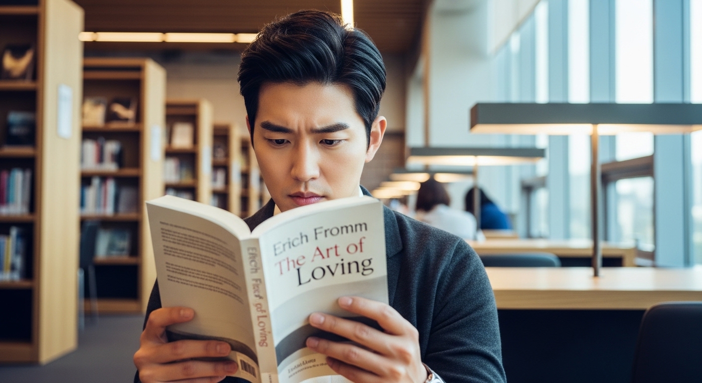 한국 남성이 현대 도서관에서 에리히 프롬의 '사랑의 기술'을 읽고 있는 장면