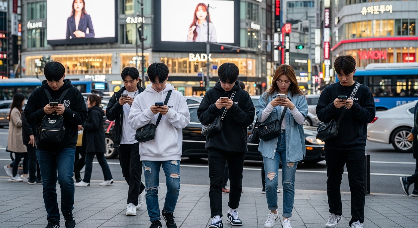 바쁜 도시 거리에서 휴대폰에 집중하는 젊은 한국인들