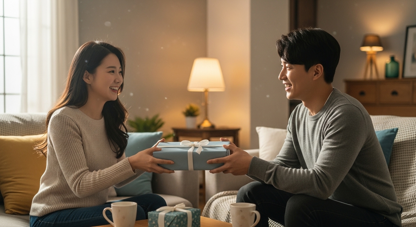 아늑한 거실에서 두 명의 친구가 선물을 주고받으며 기뻐하는 모습