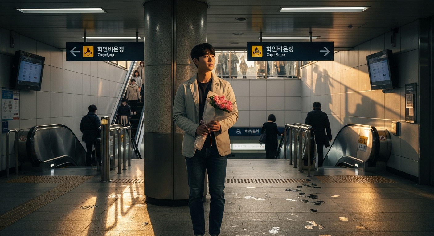 지하철 입구에서 꽃다발을 들고 기다리는 남자의 설레는 모습