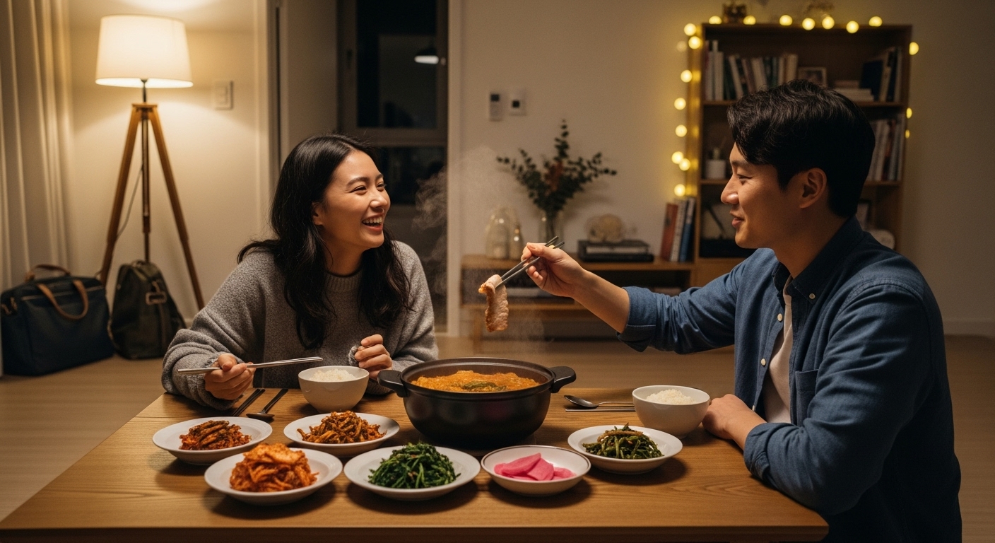 퇴근 후 집에서 저녁 식사를 함께하는 커플의 편안한 분위기