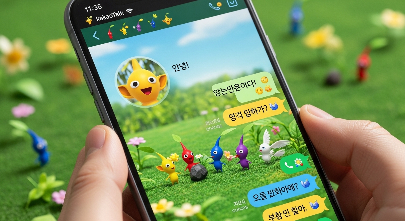 한국 스마트폰 화면에 피크민 테마로 꾸며진 카카오톡 인터페이스