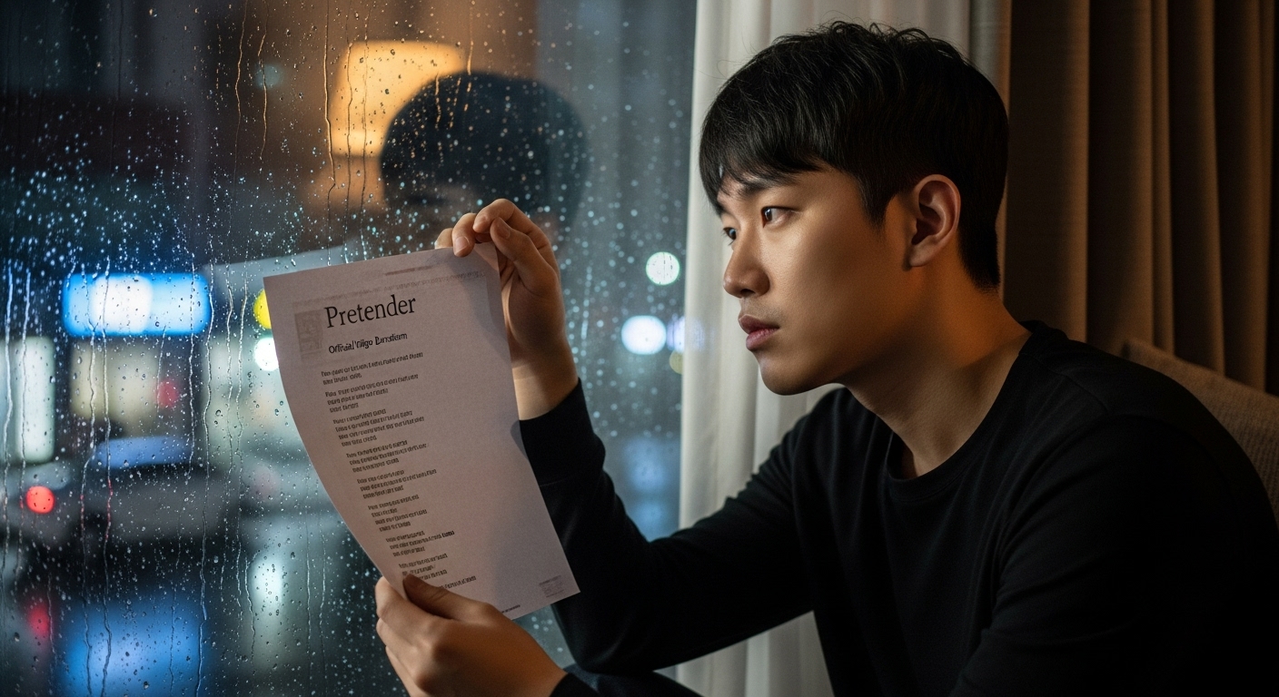 창밖의 빗물을 바라보며 프린트된 '프리텐더' 가사를 들고 있는 청년