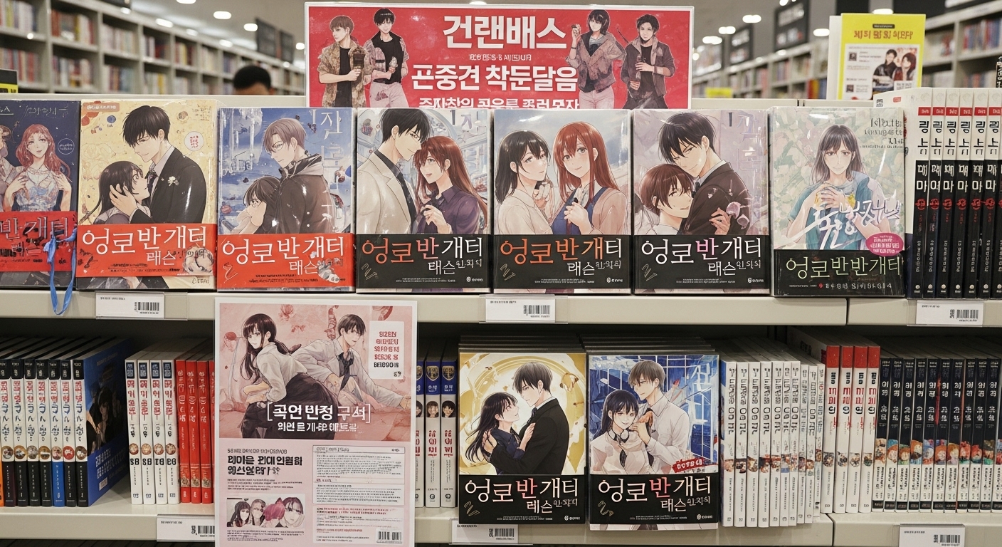 서울 서점 진열대에 놓인 다양한 만화책들 중 '내세에는 남남이'가 돋보이는 모습