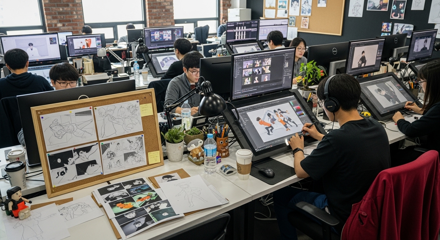 서울의 애니메이션 스튜디오에서 스케치 작업 중인 모습과 열심히 일하는 애니메이터들