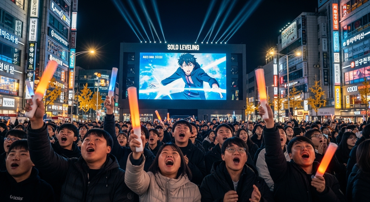 활기찬 도시 광장에서 나혼자만 레벨업 애니메이션을 관람하는 팬들