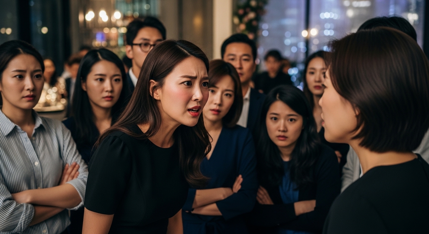 사회적 모임에서 감정적으로 대화를 나누는 한국 여성과 긴장한 관중들