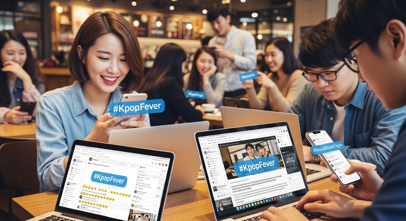 스마트폰과 노트북으로 SNS를 집중적으로 탐색하며 해시태그가 트렌드에 오른 모습