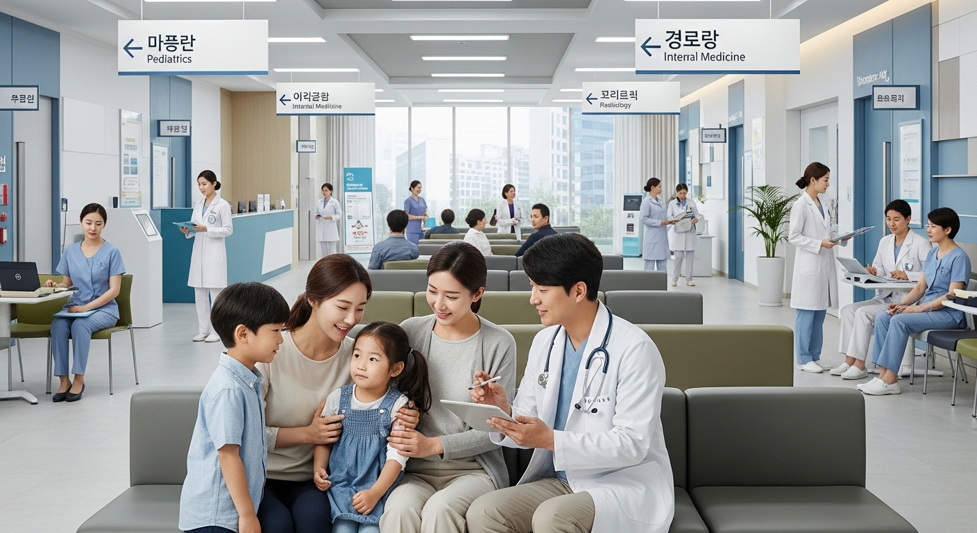 다양한 과목의 진료를 받을 수 있는 현대적인 의료센터에서 가족이 포괄적인 치료를 받는 모습