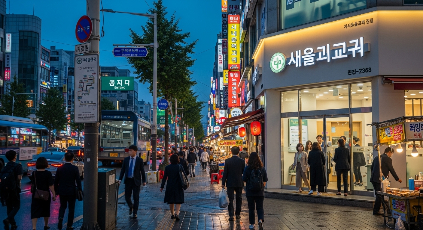 사람들이 저녁에도 방문할 수 있는 환하게 불 켜진 병원 입구와 주변 거리 풍경
