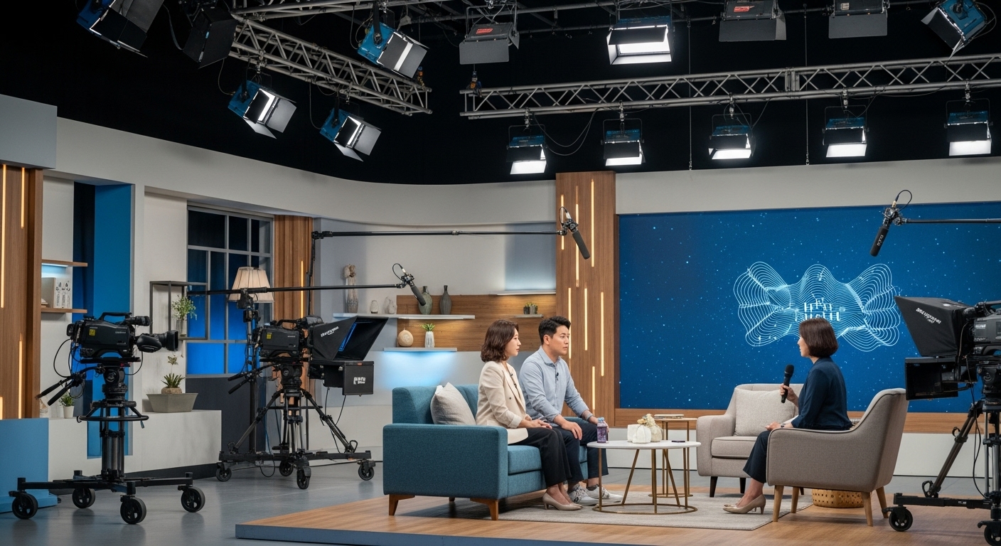 한국 부부가 현대식 TV 스튜디오에서 토크쇼를 진행하며 결혼 문제에 대해 이야기하는 모습