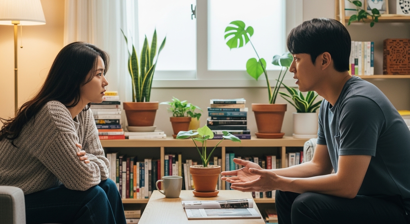 일상 용품들로 둘러싸인 집에서 진지하게 대화하는 한국 부부의 모습