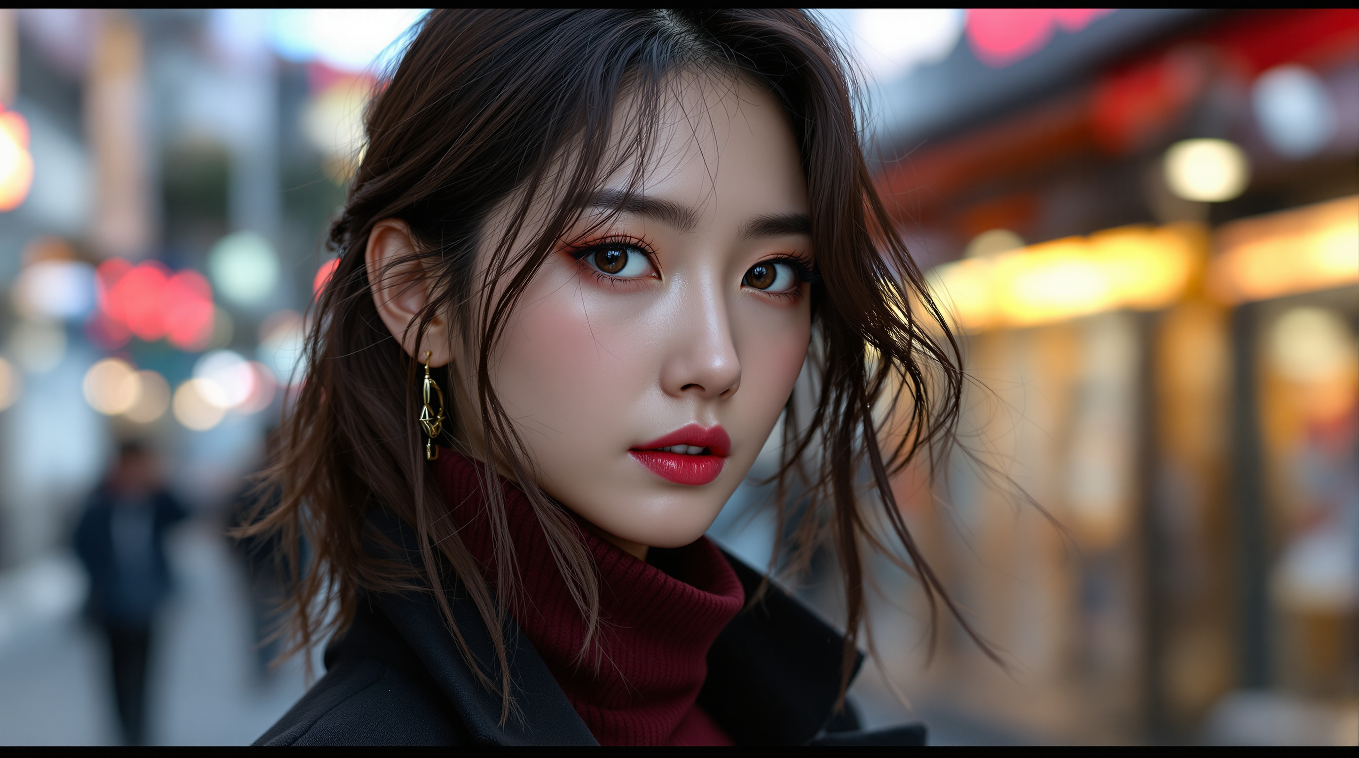 차갑고 이성적인 태도의 한국 여성이 현대 도시 배경에서 세련된 패션을 입고 있음