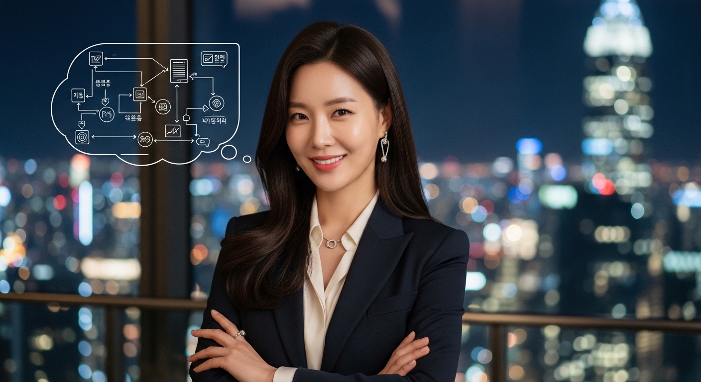 외적으로 미소를 띠지만 내면에 교활한 계획을 품고 있는 한국 여성 캐릭터