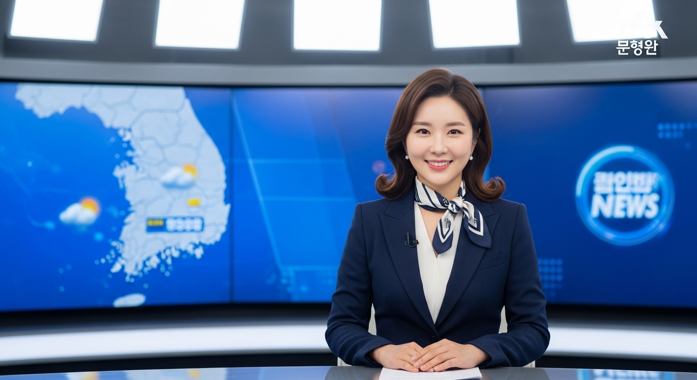 현대적인 여성 뉴스 앵커가 스튜디오에서 친근한 모습으로 방송 중