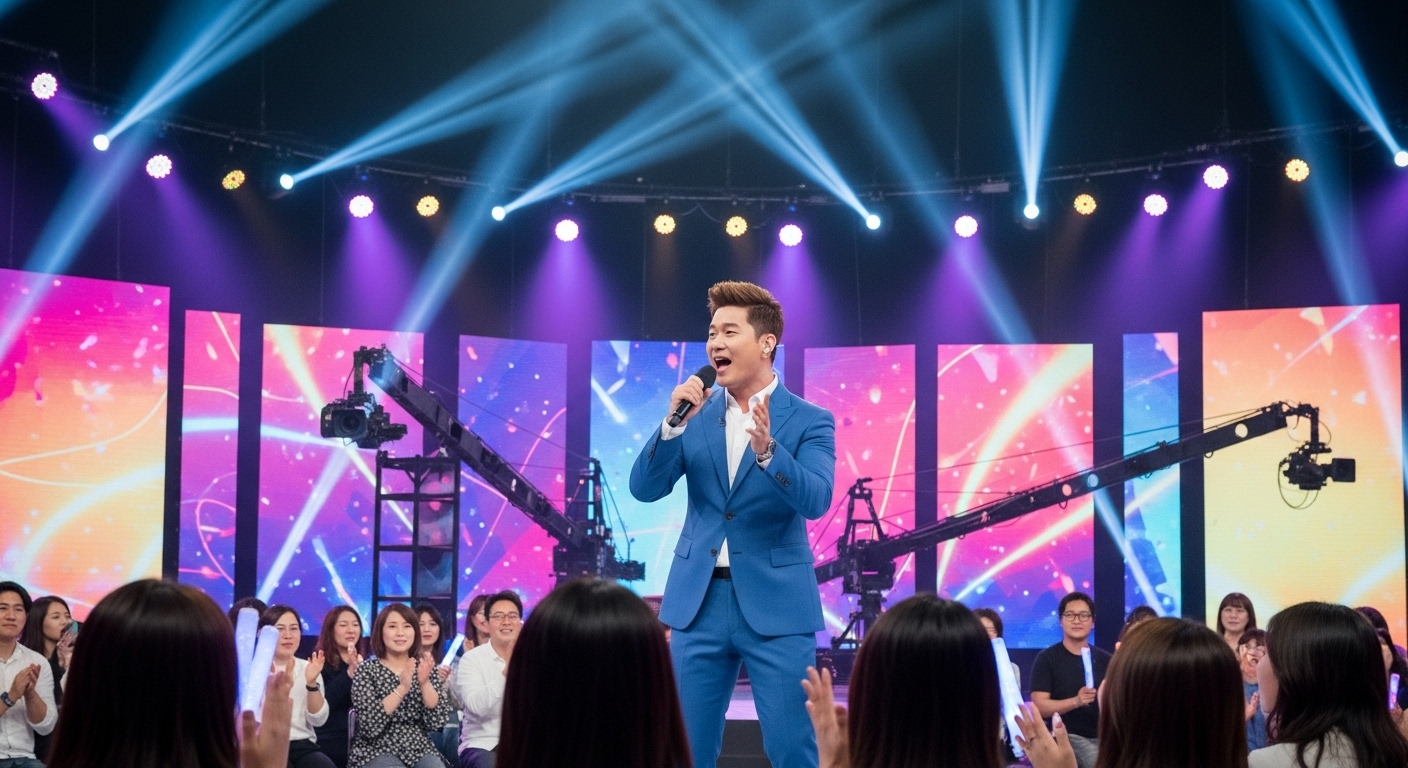 다양한 무대 조명 아래 예능 프로그램 세트장에서 활기찬 진행 중인 한국 TV 호스트