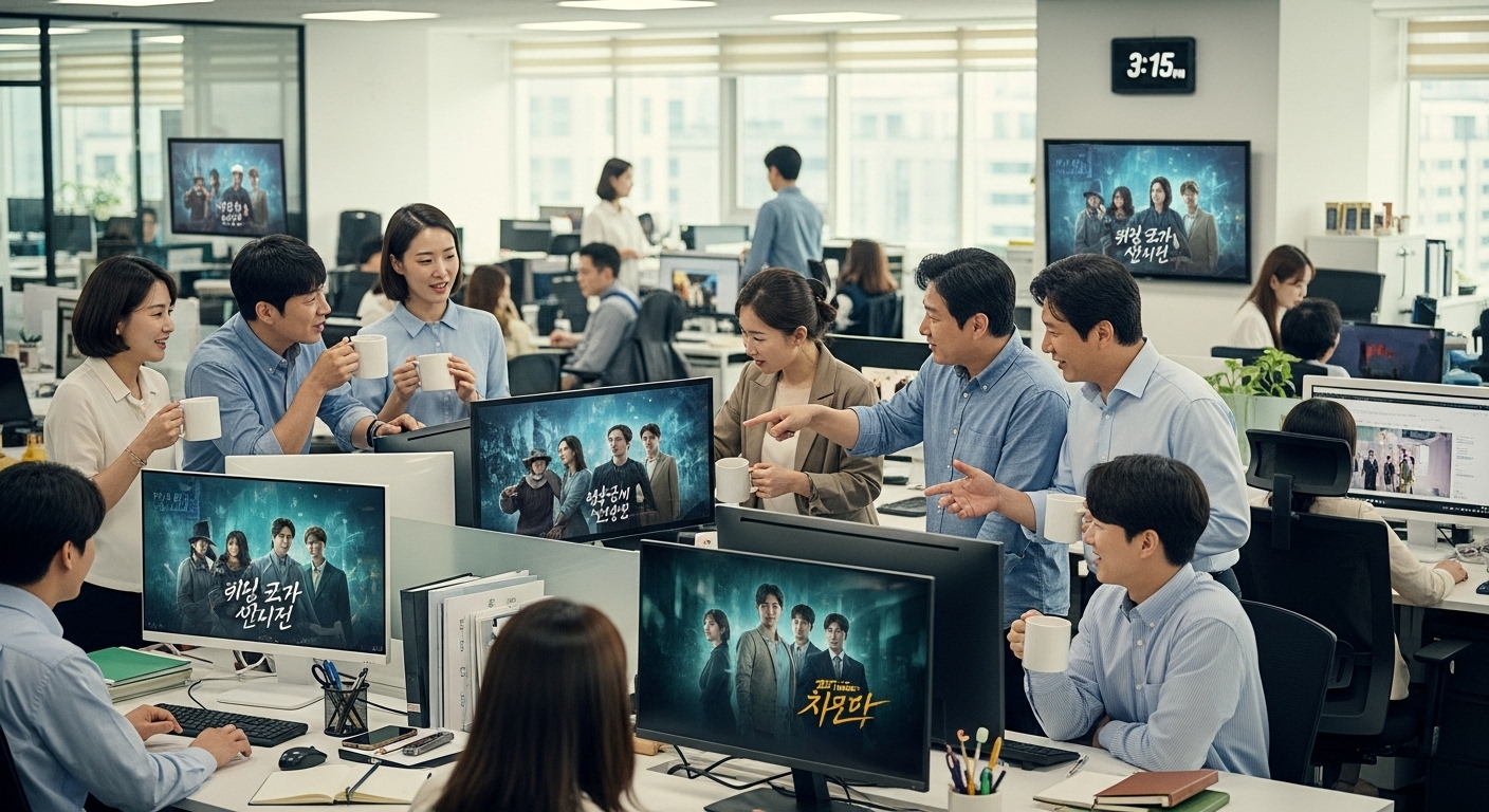 사무실에서 동료들이 점심시간에 모여 '친애하는 X' 예고편을 보며 대화를 나누는 모습