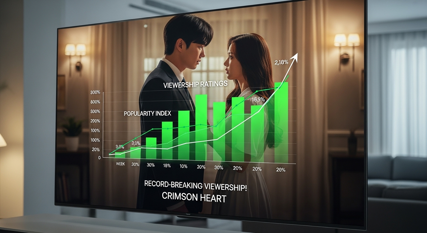 인기 있는 한국 드라마 시리즈의 시청률이 증가하는 TV 화면