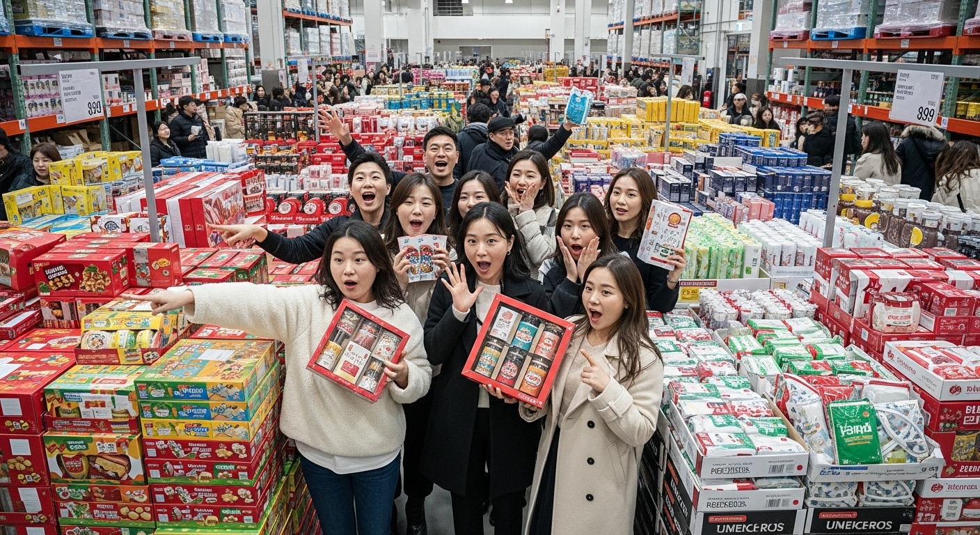 코스트코에서 계절별로 다양한 상품을 둘러보는 사람들의 놀란 표정
