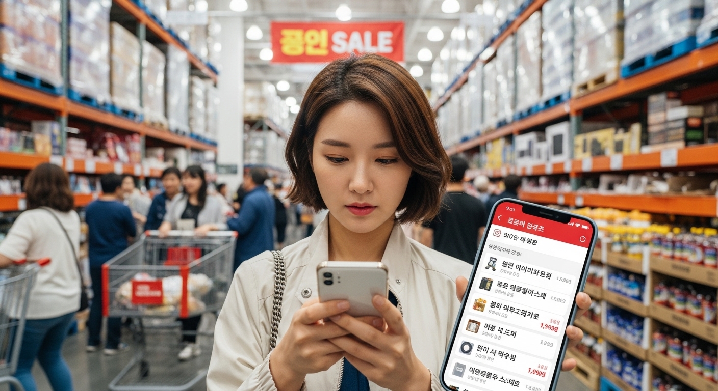 스마트폰으로 할인 알림을 확인하며 쇼핑하는 모습