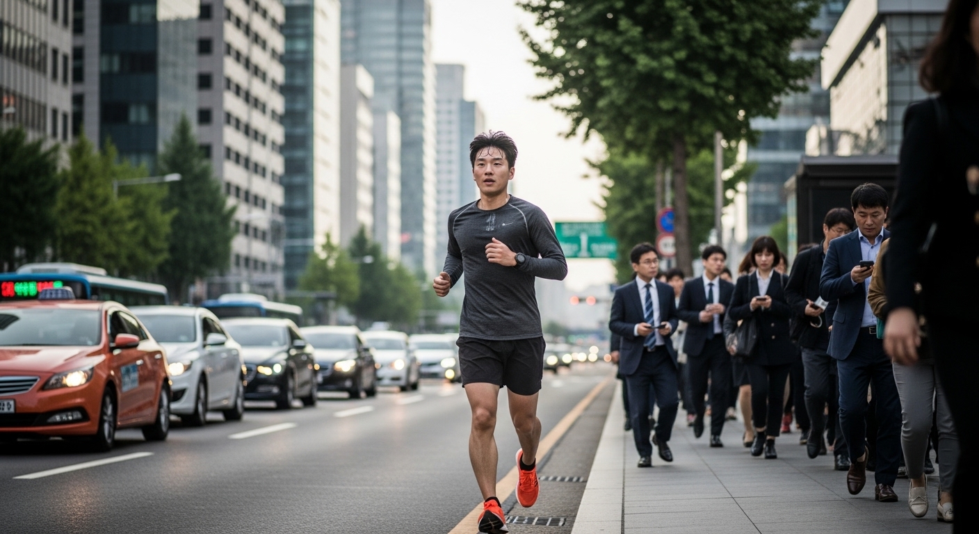 출퇴근 시간 서울 거리에서 조깅하는 남성의 일상 훈련 모습