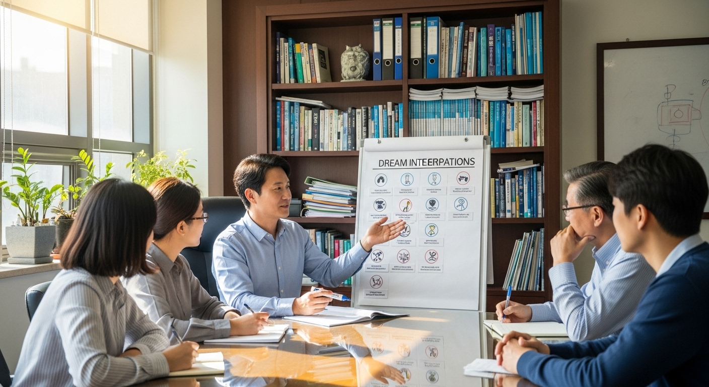 심리학자가 작은 그룹에게 사무실에서 꿈 해석을 설명하는 장면