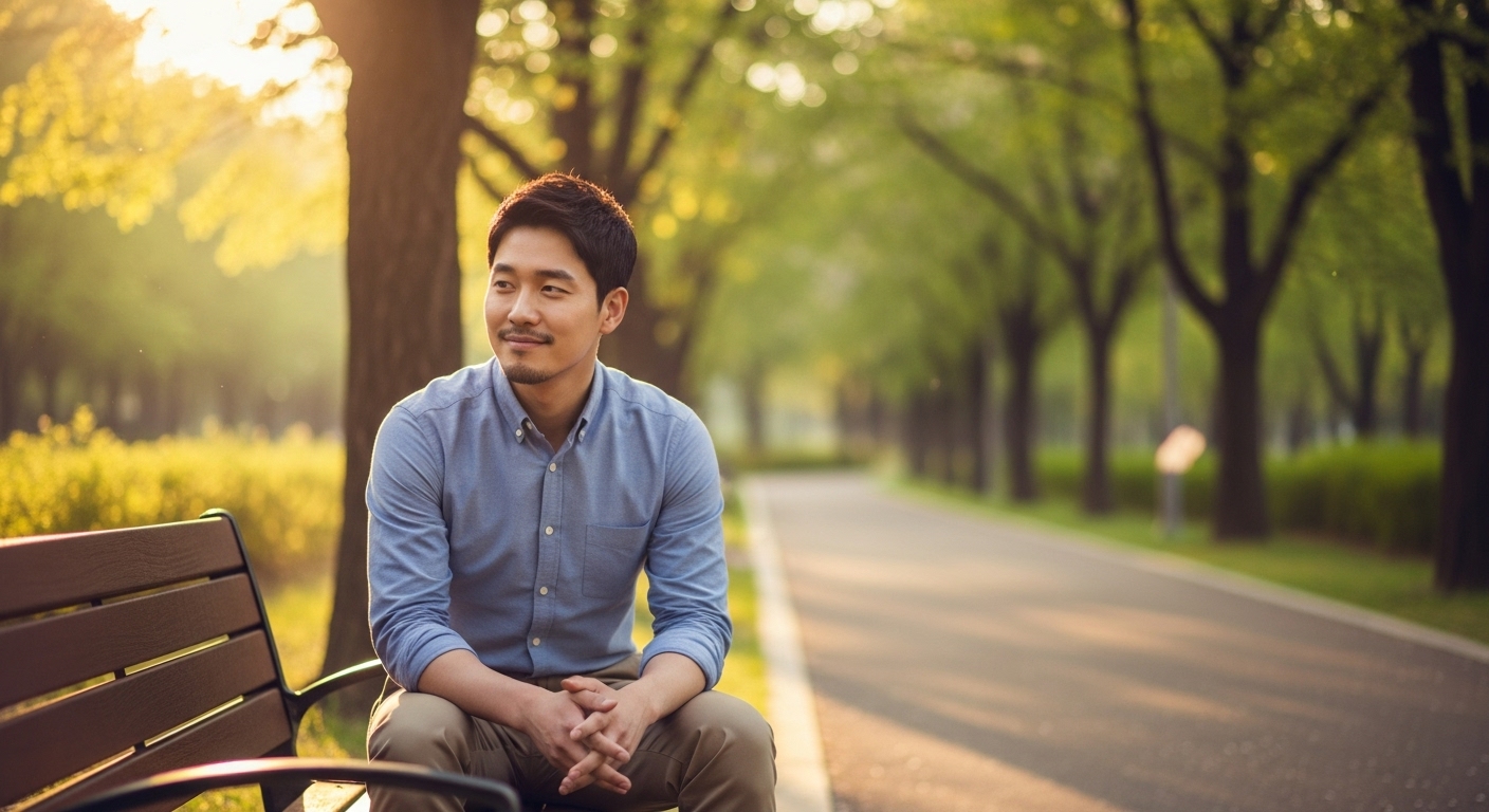 공원 벤치에 앉아 미소 짓고 있는 남성이 긍정적인 변화를 깨달은 장면